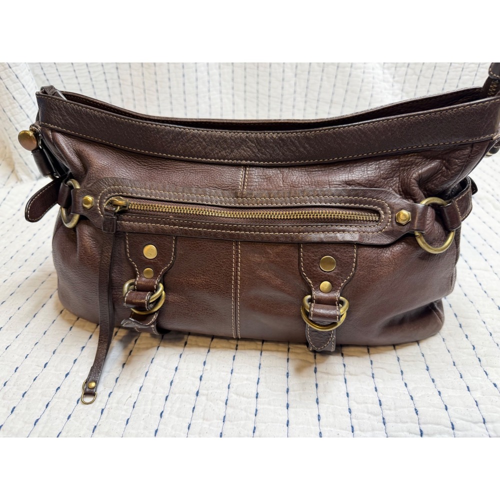 Vintage Brown Pebbled Leather Hobo Shoulder Bag Braided Handle Brass Hardware